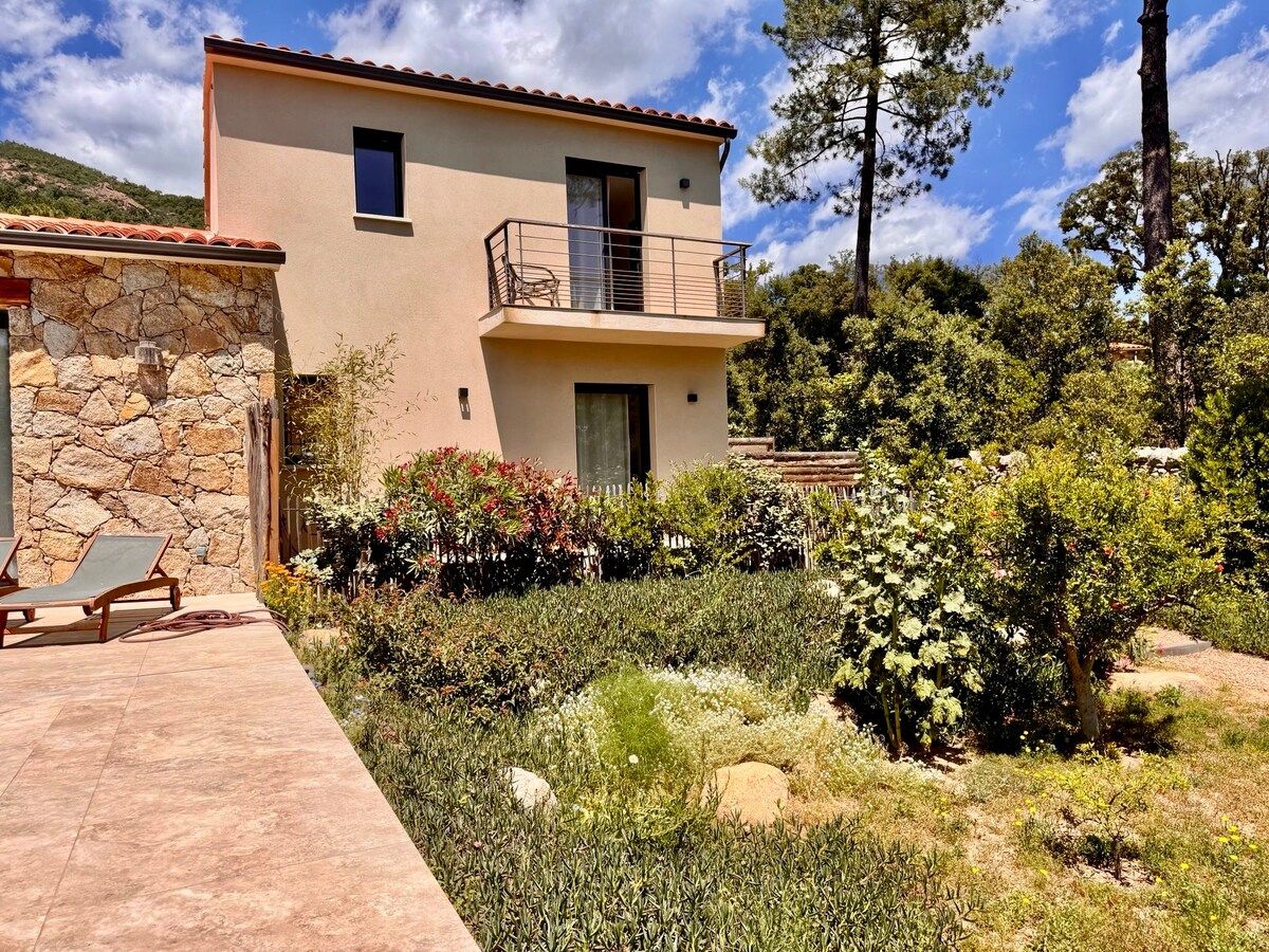 The hosts’ house, stone wall and Mediterranean garden